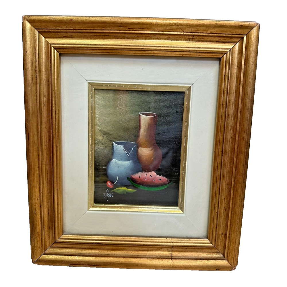 Vtg Still Life Oil Painting Italian Gold Frame Pitchers Watermelon Signed 8x9